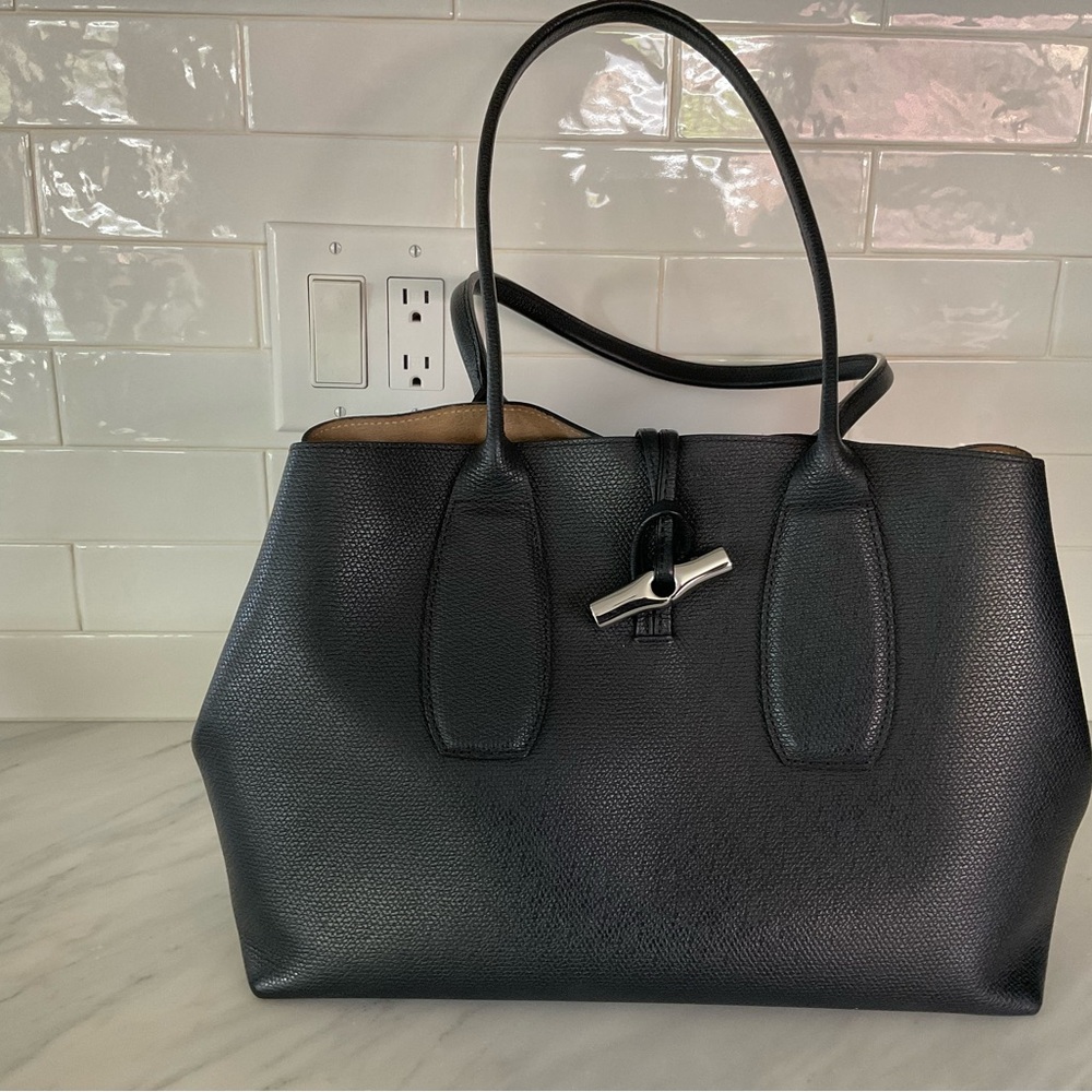 Longchamp Black Pebbled Leather Tote with Silver Toggle